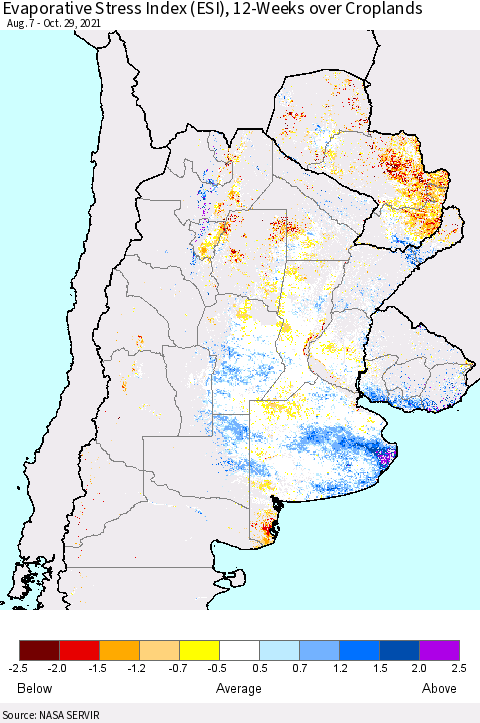 Southern South America Evaporative Stress Index (ESI), 12-Weeks over Croplands Thematic Map For 10/25/2021 - 10/31/2021