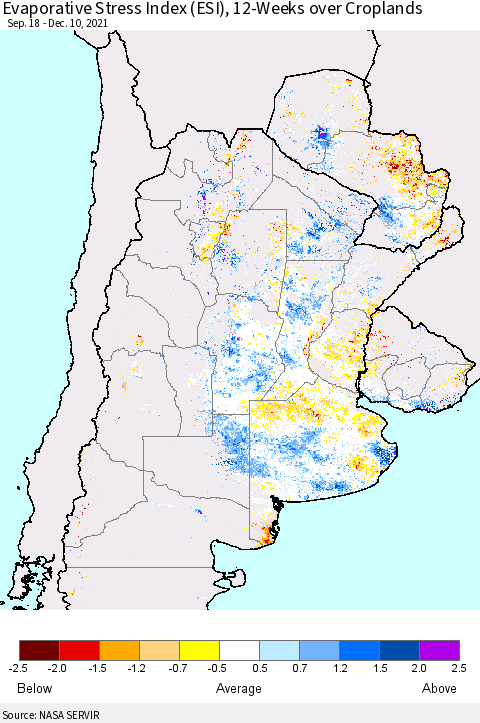 Southern South America Evaporative Stress Index (ESI), 12-Weeks over Croplands Thematic Map For 12/6/2021 - 12/12/2021
