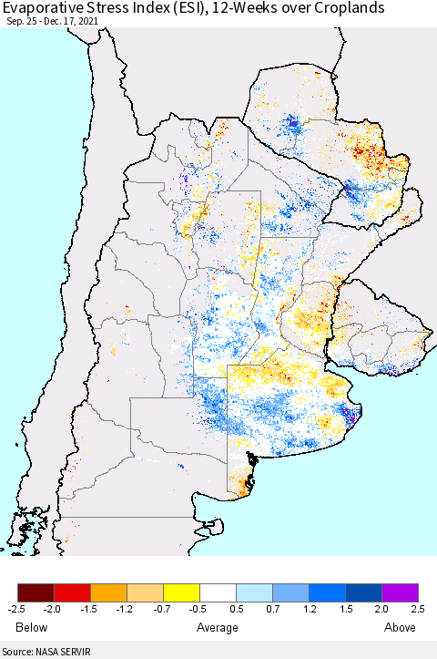 Southern South America Evaporative Stress Index (ESI), 12-Weeks over Croplands Thematic Map For 12/13/2021 - 12/19/2021