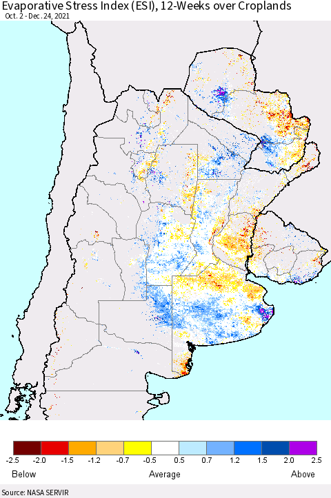 Southern South America Evaporative Stress Index (ESI), 12-Weeks over Croplands Thematic Map For 12/20/2021 - 12/26/2021
