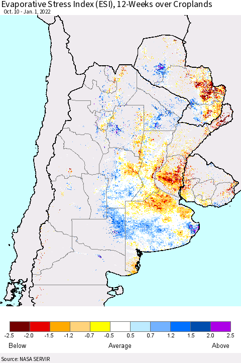 Southern South America Evaporative Stress Index (ESI), 12-Weeks over Croplands Thematic Map For 12/27/2021 - 1/2/2022
