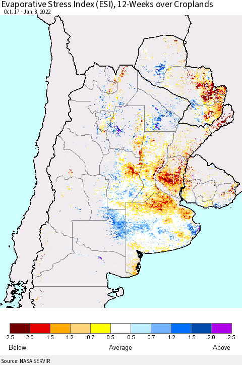 Southern South America Evaporative Stress Index (ESI), 12-Weeks over Croplands Thematic Map For 1/3/2022 - 1/9/2022