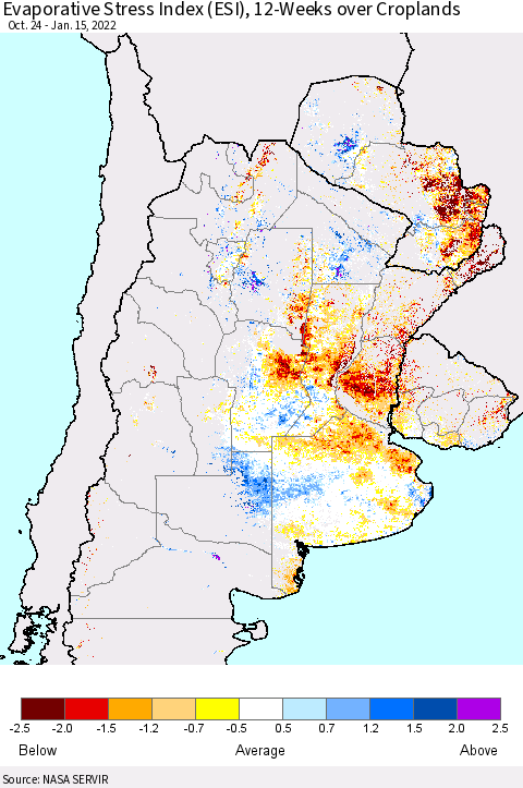 Southern South America Evaporative Stress Index (ESI), 12-Weeks over Croplands Thematic Map For 1/10/2022 - 1/16/2022