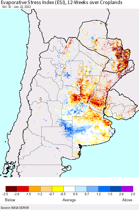 Southern South America Evaporative Stress Index (ESI), 12-Weeks over Croplands Thematic Map For 1/17/2022 - 1/23/2022
