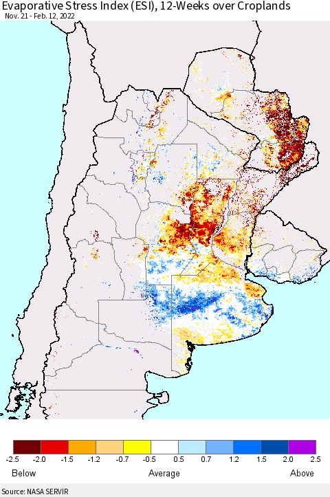 Southern South America Evaporative Stress Index (ESI), 12-Weeks over Croplands Thematic Map For 2/7/2022 - 2/13/2022