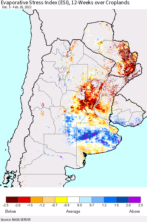 Southern South America Evaporative Stress Index (ESI), 12-Weeks over Croplands Thematic Map For 2/21/2022 - 2/27/2022