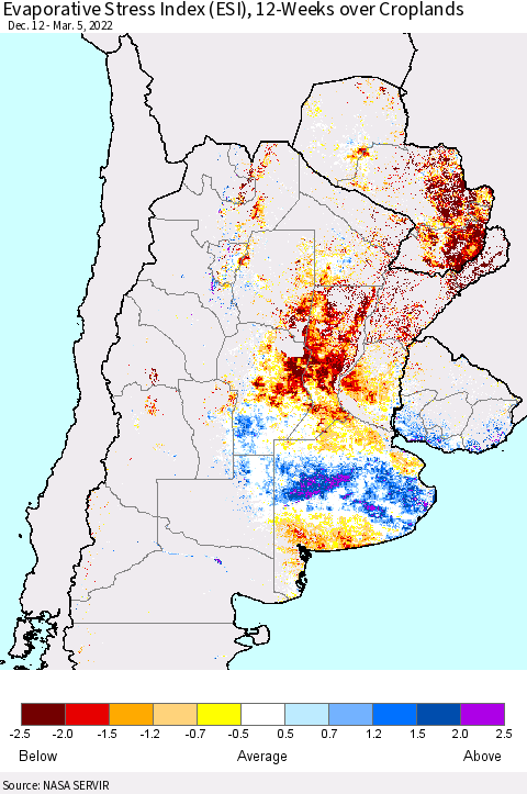 Southern South America Evaporative Stress Index (ESI), 12-Weeks over Croplands Thematic Map For 2/28/2022 - 3/6/2022