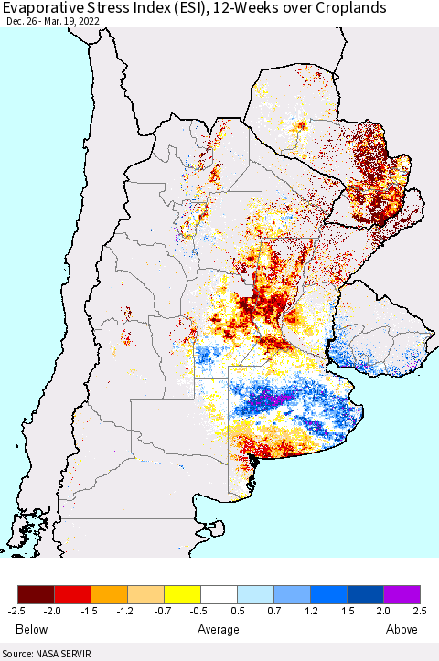 Southern South America Evaporative Stress Index (ESI), 12-Weeks over Croplands Thematic Map For 3/14/2022 - 3/20/2022