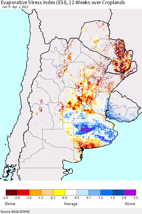 Southern South America Evaporative Stress Index (ESI), 12-Weeks over Croplands Thematic Map For 3/28/2022 - 4/3/2022