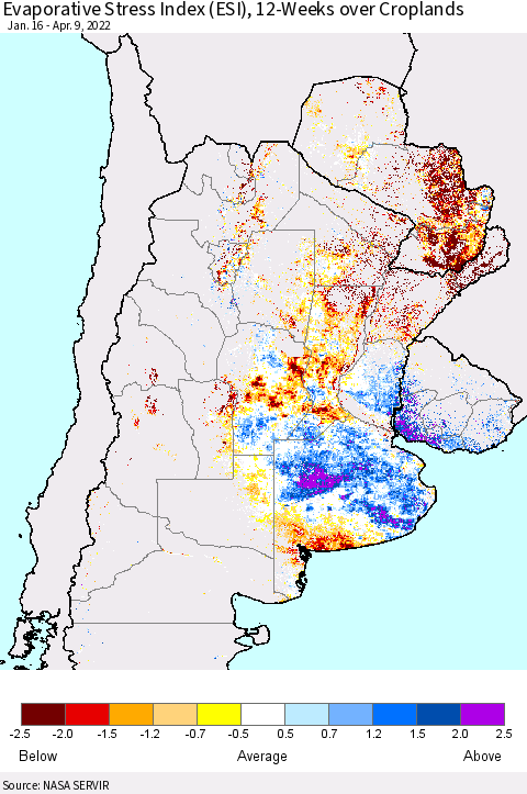 Southern South America Evaporative Stress Index (ESI), 12-Weeks over Croplands Thematic Map For 4/4/2022 - 4/10/2022