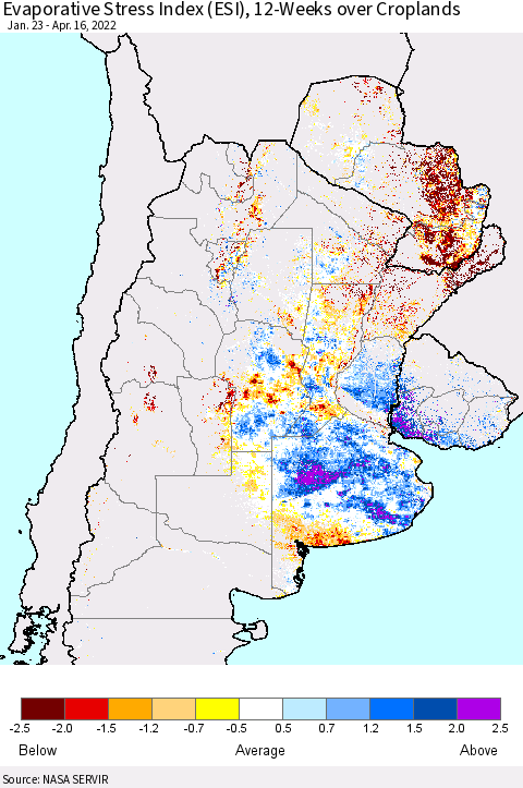 Southern South America Evaporative Stress Index (ESI), 12-Weeks over Croplands Thematic Map For 4/11/2022 - 4/17/2022