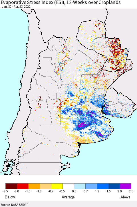 Southern South America Evaporative Stress Index (ESI), 12-Weeks over Croplands Thematic Map For 4/18/2022 - 4/24/2022