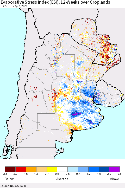 Southern South America Evaporative Stress Index (ESI), 12-Weeks over Croplands Thematic Map For 5/2/2022 - 5/8/2022