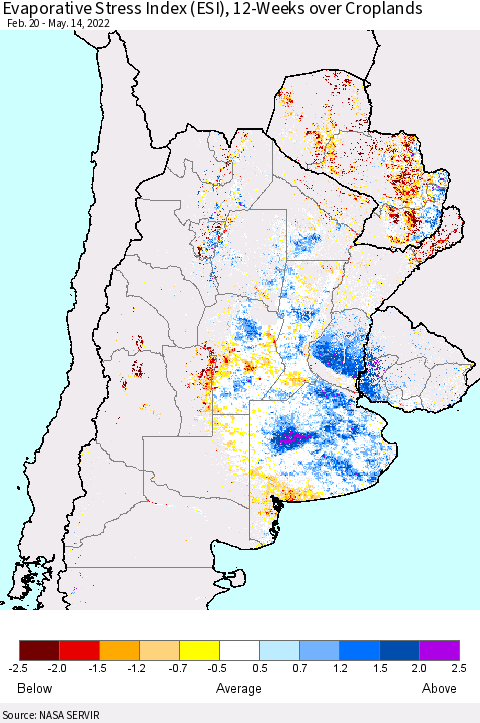 Southern South America Evaporative Stress Index (ESI), 12-Weeks over Croplands Thematic Map For 5/9/2022 - 5/15/2022