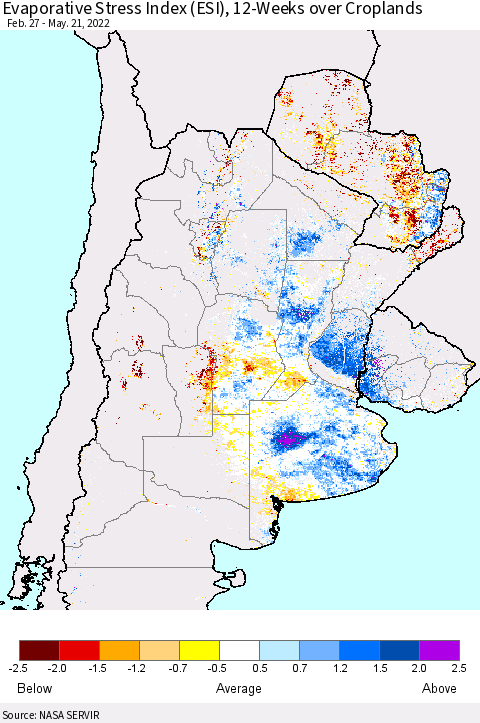 Southern South America Evaporative Stress Index (ESI), 12-Weeks over Croplands Thematic Map For 5/16/2022 - 5/22/2022