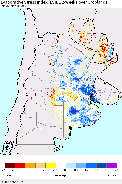 Southern South America Evaporative Stress Index (ESI), 12-Weeks over Croplands Thematic Map For 5/23/2022 - 5/29/2022