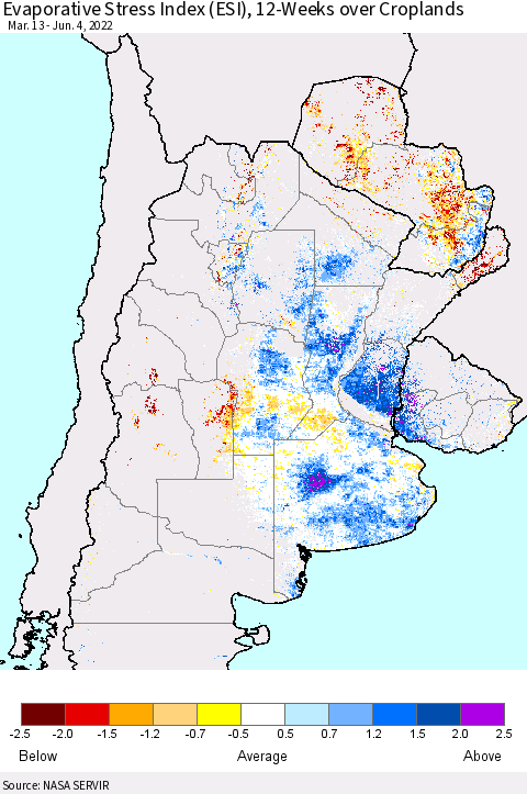 Southern South America Evaporative Stress Index (ESI), 12-Weeks over Croplands Thematic Map For 5/30/2022 - 6/5/2022
