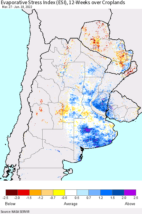 Southern South America Evaporative Stress Index (ESI), 12-Weeks over Croplands Thematic Map For 6/13/2022 - 6/19/2022