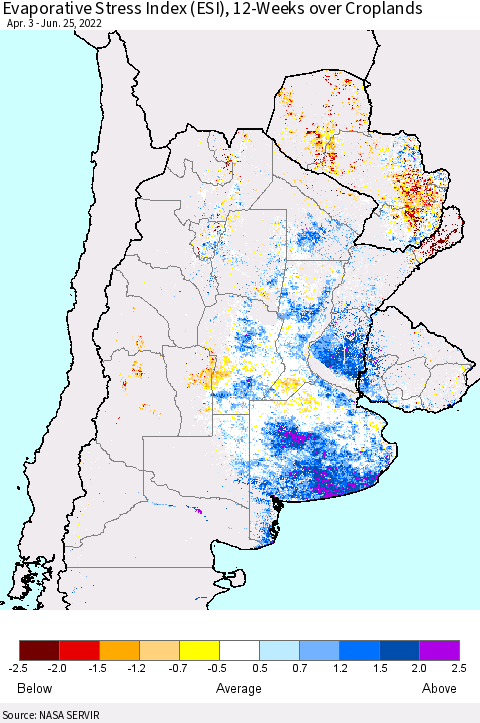 Southern South America Evaporative Stress Index (ESI), 12-Weeks over Croplands Thematic Map For 6/20/2022 - 6/26/2022