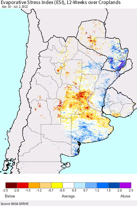 Southern South America Evaporative Stress Index (ESI), 12-Weeks over Croplands Thematic Map For 6/27/2022 - 7/3/2022