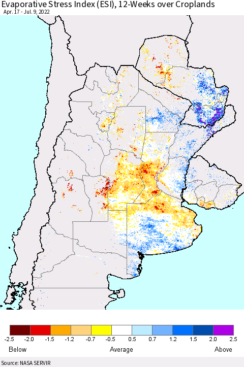 Southern South America Evaporative Stress Index (ESI), 12-Weeks over Croplands Thematic Map For 7/4/2022 - 7/10/2022