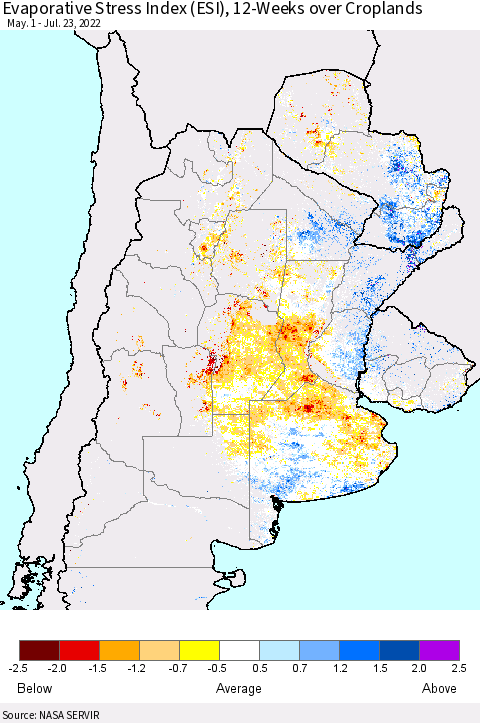 Southern South America Evaporative Stress Index (ESI), 12-Weeks over Croplands Thematic Map For 7/18/2022 - 7/24/2022