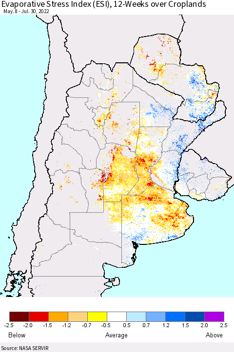 Southern South America Evaporative Stress Index (ESI), 12-Weeks over Croplands Thematic Map For 7/25/2022 - 7/31/2022