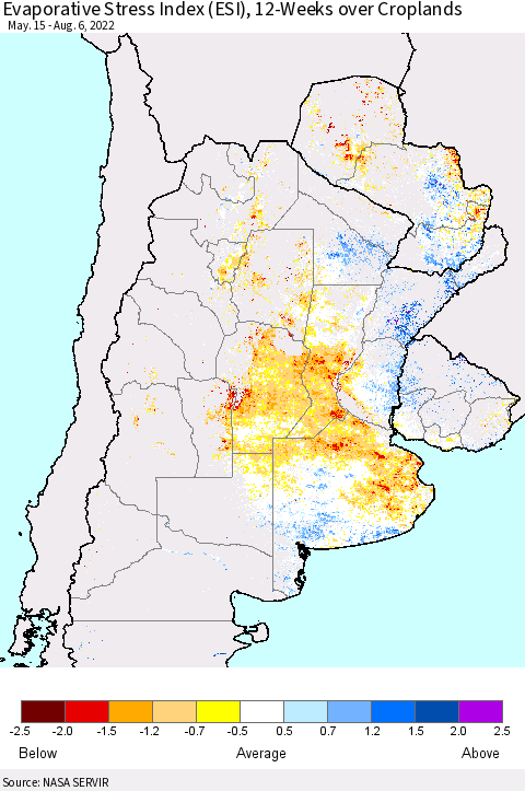 Southern South America Evaporative Stress Index (ESI), 12-Weeks over Croplands Thematic Map For 8/1/2022 - 8/7/2022