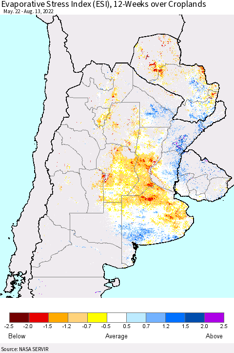 Southern South America Evaporative Stress Index (ESI), 12-Weeks over Croplands Thematic Map For 8/8/2022 - 8/14/2022