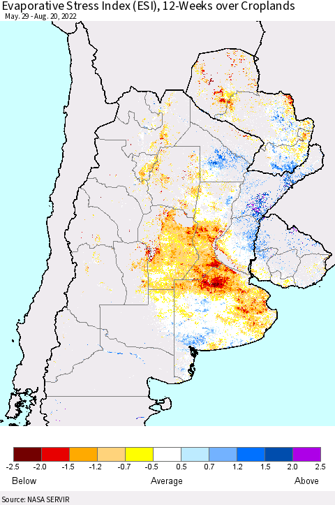 Southern South America Evaporative Stress Index (ESI), 12-Weeks over Croplands Thematic Map For 8/15/2022 - 8/21/2022