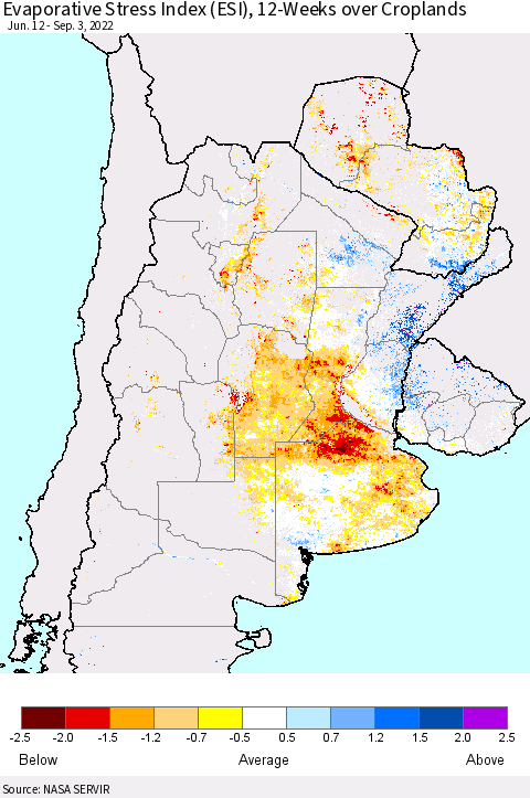 Southern South America Evaporative Stress Index (ESI), 12-Weeks over Croplands Thematic Map For 8/29/2022 - 9/4/2022