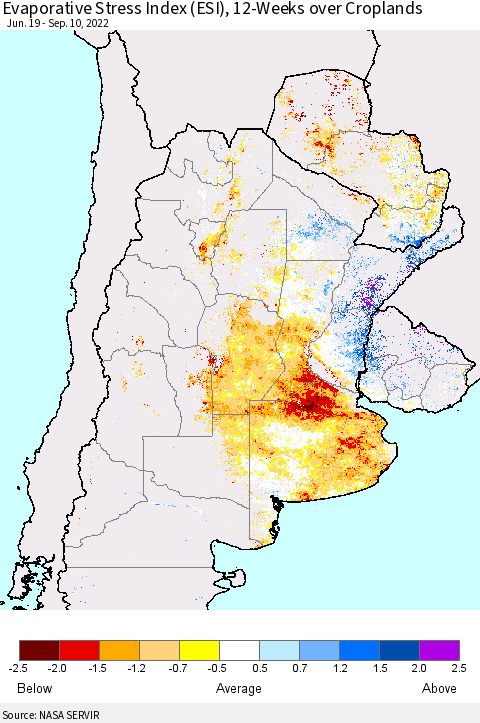 Southern South America Evaporative Stress Index (ESI), 12-Weeks over Croplands Thematic Map For 9/5/2022 - 9/11/2022