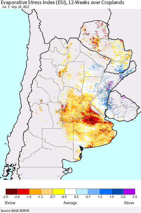 Southern South America Evaporative Stress Index (ESI), 12-Weeks over Croplands Thematic Map For 9/19/2022 - 9/25/2022