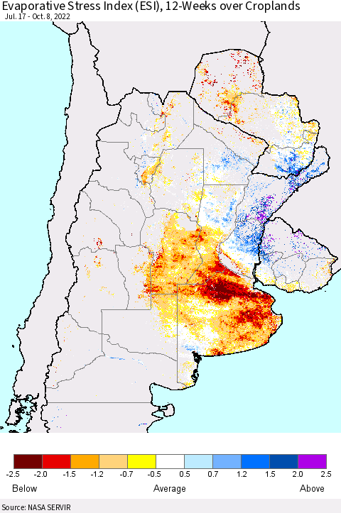 Southern South America Evaporative Stress Index (ESI), 12-Weeks over Croplands Thematic Map For 10/3/2022 - 10/9/2022
