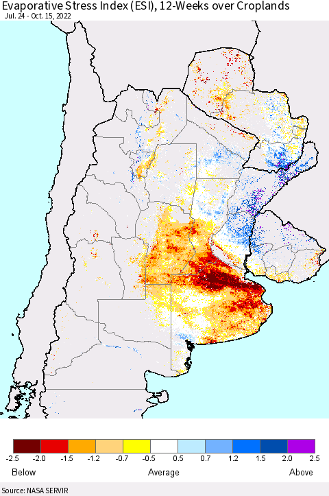 Southern South America Evaporative Stress Index (ESI), 12-Weeks over Croplands Thematic Map For 10/10/2022 - 10/16/2022