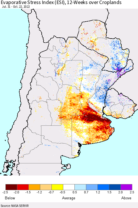 Southern South America Evaporative Stress Index (ESI), 12-Weeks over Croplands Thematic Map For 10/17/2022 - 10/23/2022
