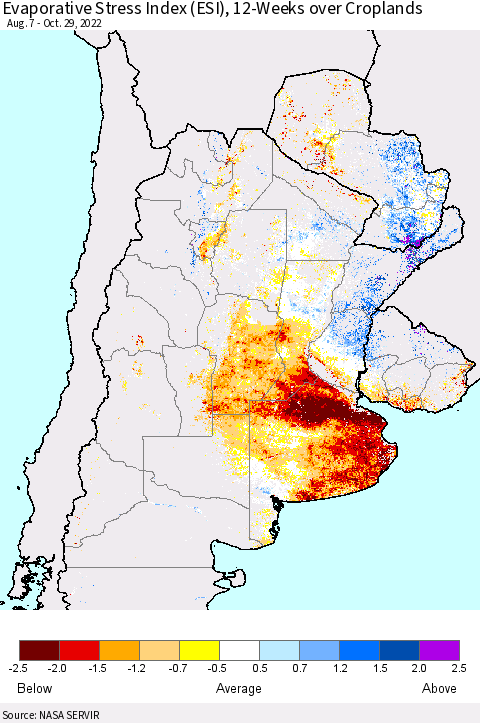 Southern South America Evaporative Stress Index (ESI), 12-Weeks over Croplands Thematic Map For 10/24/2022 - 10/30/2022