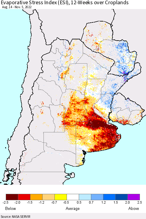 Southern South America Evaporative Stress Index (ESI), 12-Weeks over Croplands Thematic Map For 10/31/2022 - 11/6/2022