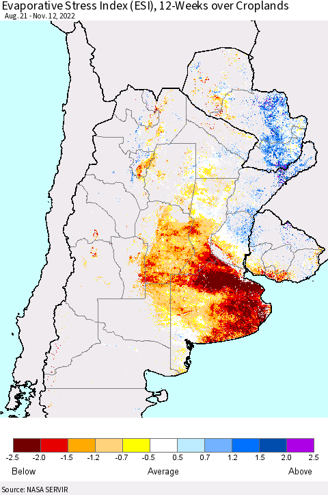 Southern South America Evaporative Stress Index (ESI), 12-Weeks over Croplands Thematic Map For 11/7/2022 - 11/13/2022