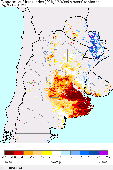 Southern South America Evaporative Stress Index (ESI), 12-Weeks over Croplands Thematic Map For 11/14/2022 - 11/20/2022