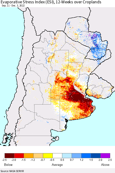 Southern South America Evaporative Stress Index (ESI), 12-Weeks over Croplands Thematic Map For 11/28/2022 - 12/4/2022