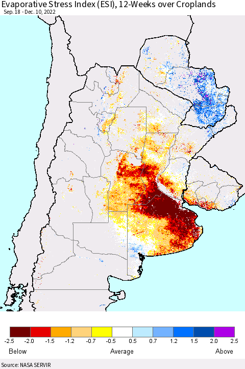 Southern South America Evaporative Stress Index (ESI), 12-Weeks over Croplands Thematic Map For 12/5/2022 - 12/11/2022