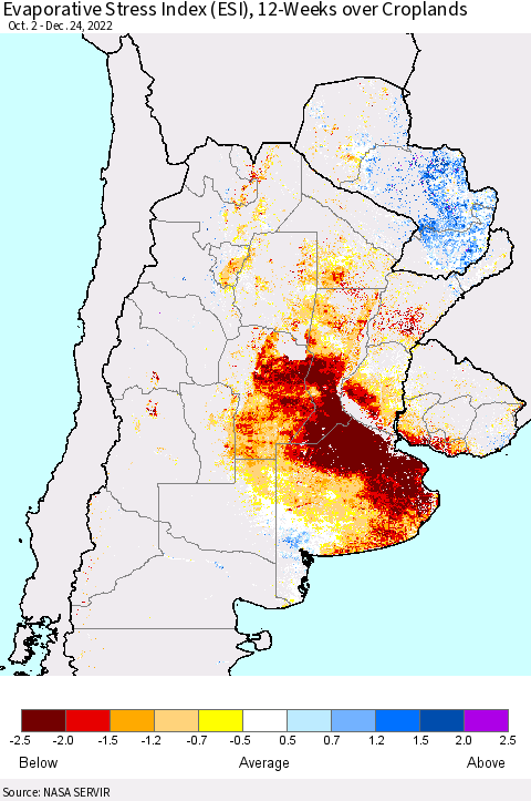 Southern South America Evaporative Stress Index (ESI), 12-Weeks over Croplands Thematic Map For 12/19/2022 - 12/25/2022