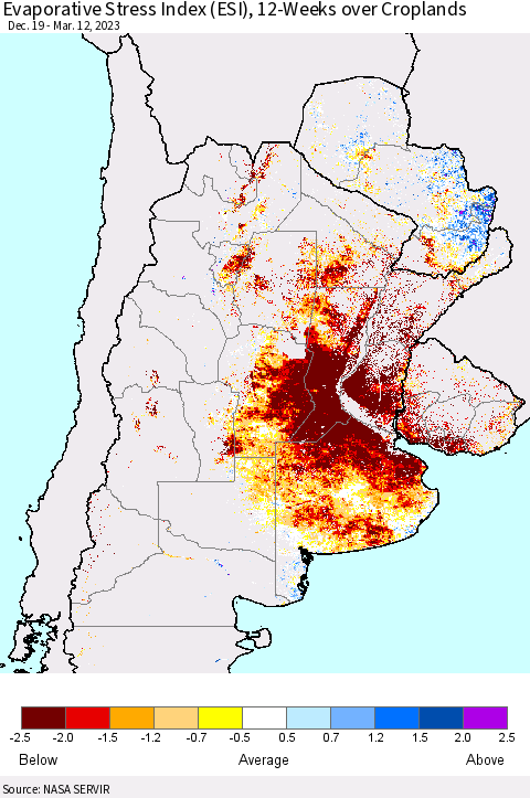 Southern South America Evaporative Stress Index (ESI), 12-Weeks over Croplands Thematic Map For 3/6/2023 - 3/12/2023