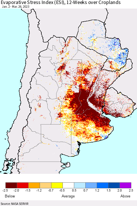 Southern South America Evaporative Stress Index (ESI), 12-Weeks over Croplands Thematic Map For 3/20/2023 - 3/26/2023