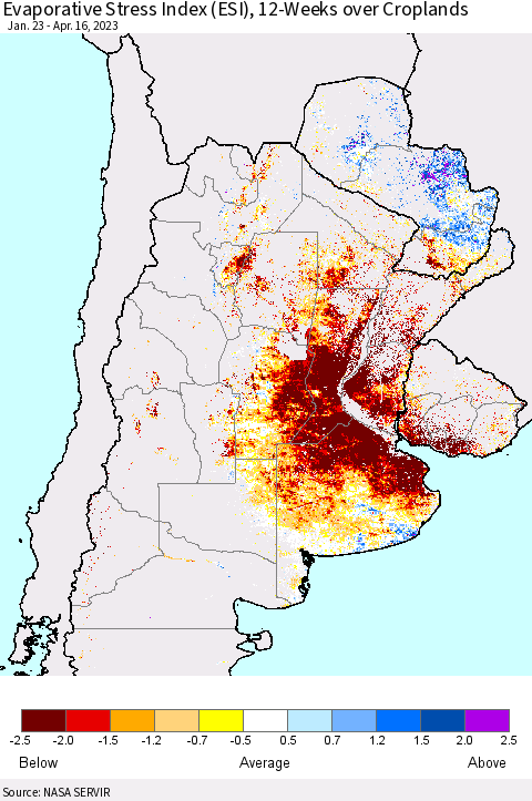 Southern South America Evaporative Stress Index (ESI), 12-Weeks over Croplands Thematic Map For 4/10/2023 - 4/16/2023
