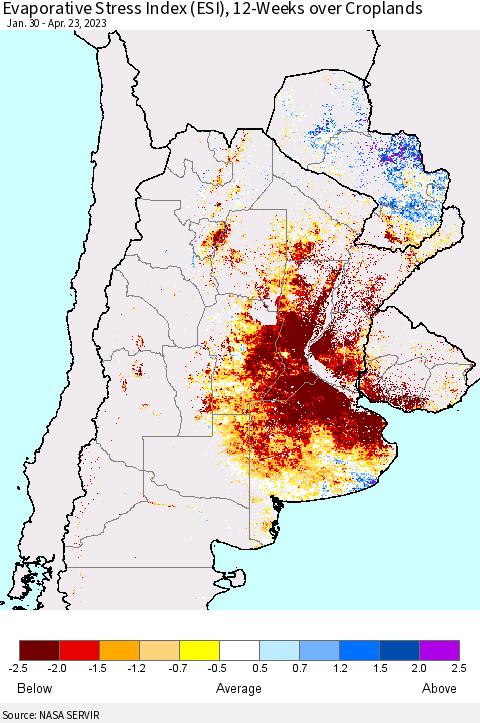 Southern South America Evaporative Stress Index (ESI), 12-Weeks over Croplands Thematic Map For 4/17/2023 - 4/23/2023