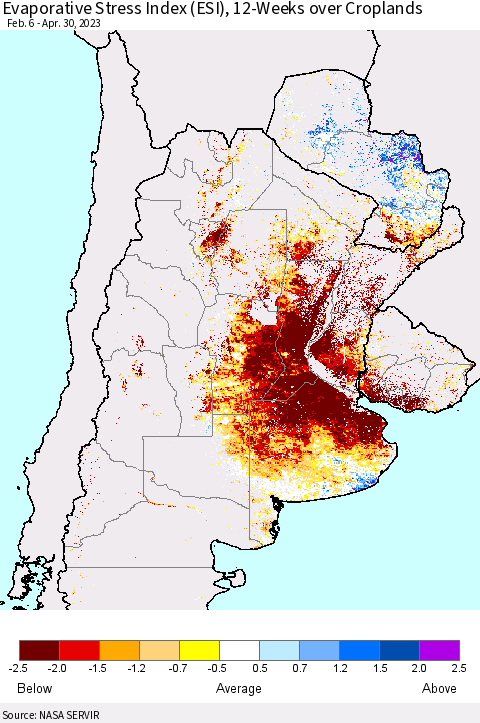 Southern South America Evaporative Stress Index (ESI), 12-Weeks over Croplands Thematic Map For 4/24/2023 - 4/30/2023
