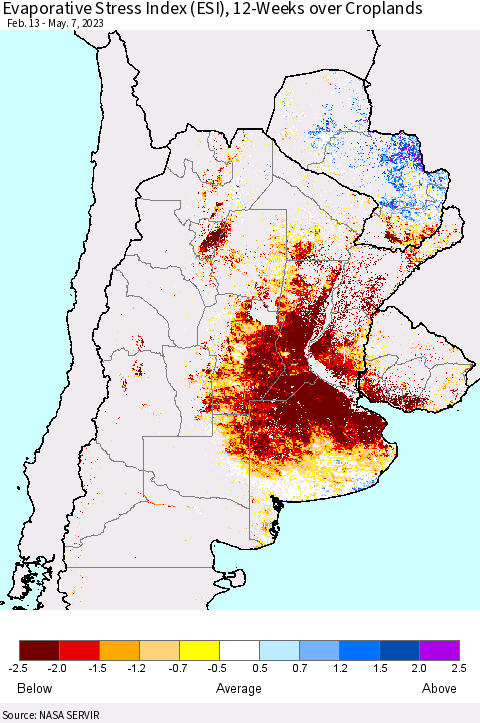Southern South America Evaporative Stress Index (ESI), 12-Weeks over Croplands Thematic Map For 5/1/2023 - 5/7/2023