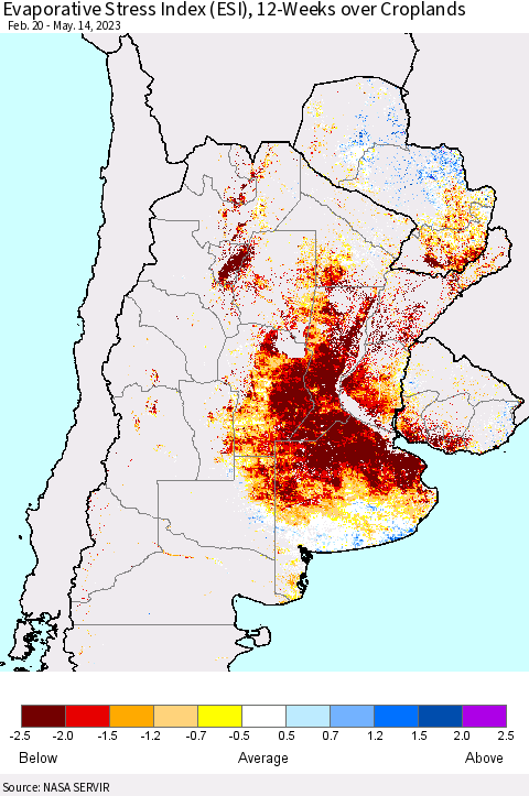 Southern South America Evaporative Stress Index (ESI), 12-Weeks over Croplands Thematic Map For 5/8/2023 - 5/14/2023
